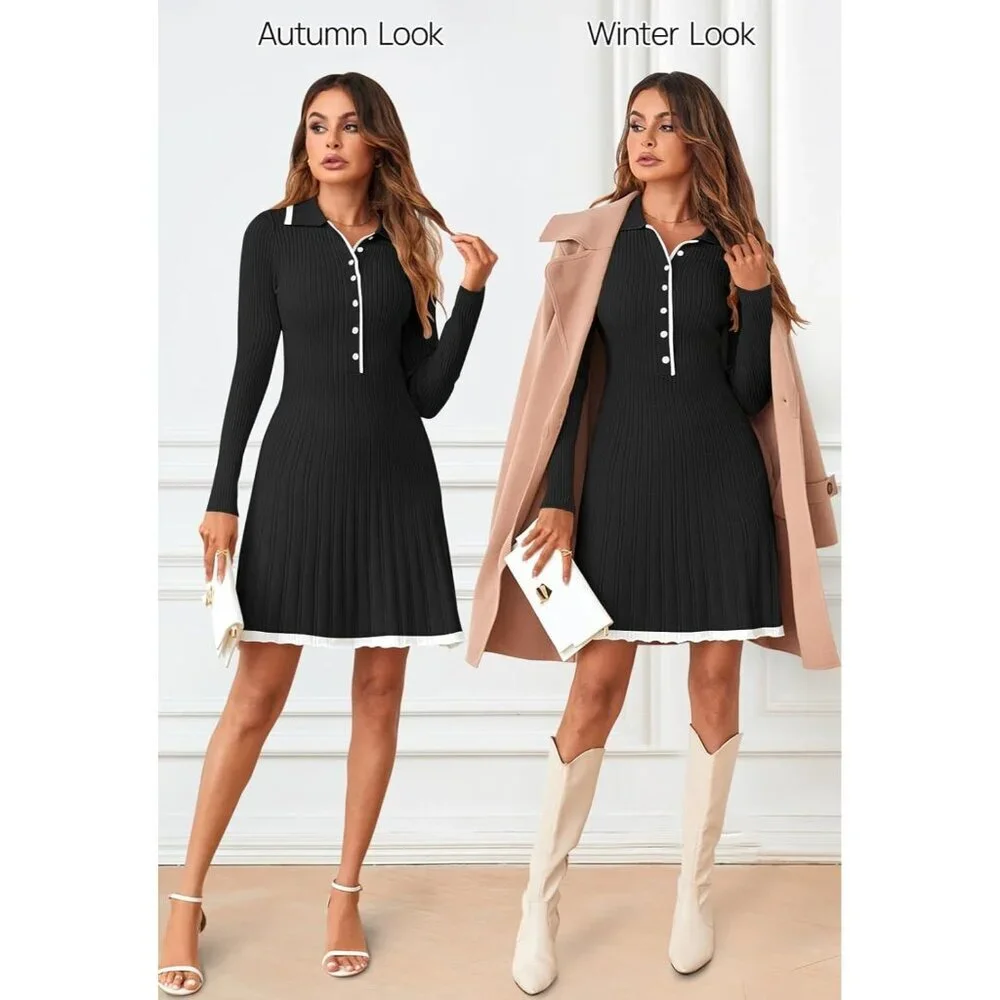 Merokeety Women's Black Long Sleeve V Neck Button Knit Pleated Sweater Dress - Picture 5 of 7